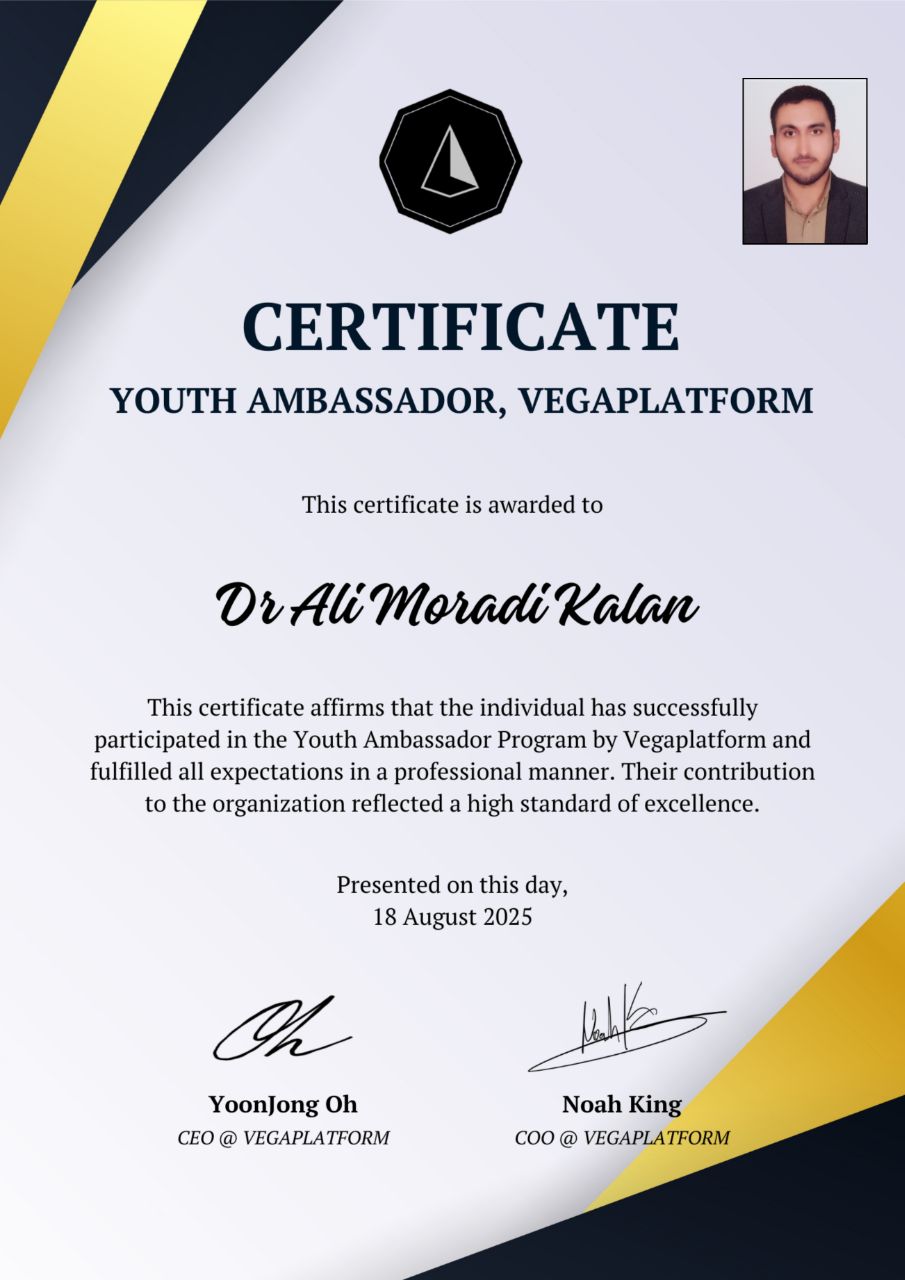 👤دکتر علی مرادی کلان از بین ۲۴ شرکت کننده به عنوان سفیر جوانان در سازمان جهانی پلتفرم وگا(VEGAPLATFORM) منصوب شد.