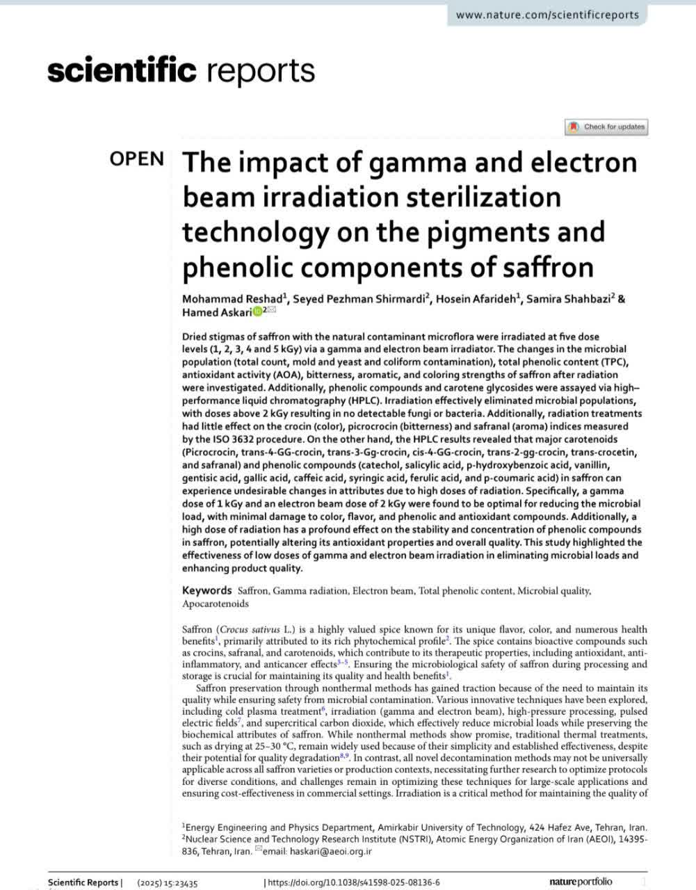 The impact of gamma and electron beam irradiation sterilization technology on the pigments and phenolic components of saffron